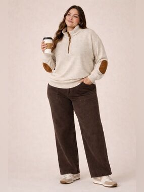 Vintage Quarter Zip Sweater Cream Textured Pullover w Elbow Patches Oversized